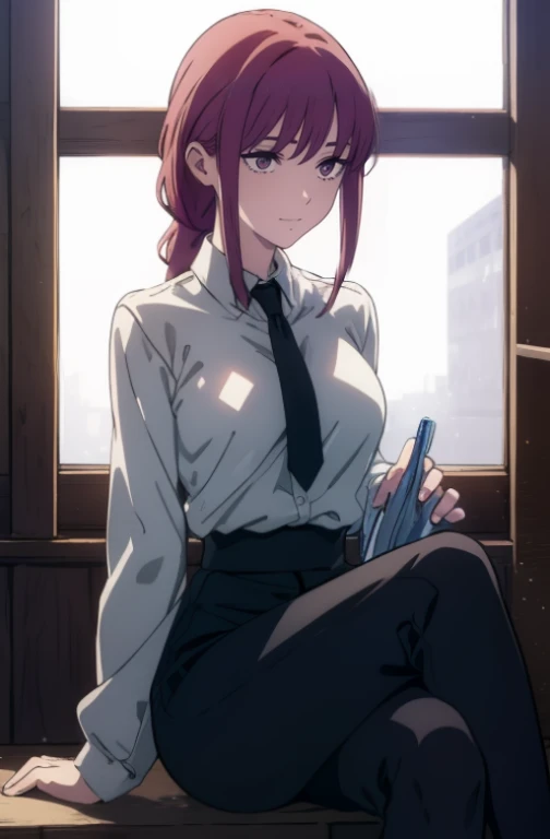 (safe:1.10), best quality, masterpiece, highres, solo, (makima_chainsawman:1.10), sitting, sitting on chair, chair, cowboy shot, looking at viewer, anime_style, 26 <lora:makima_chainsawman:0.80>