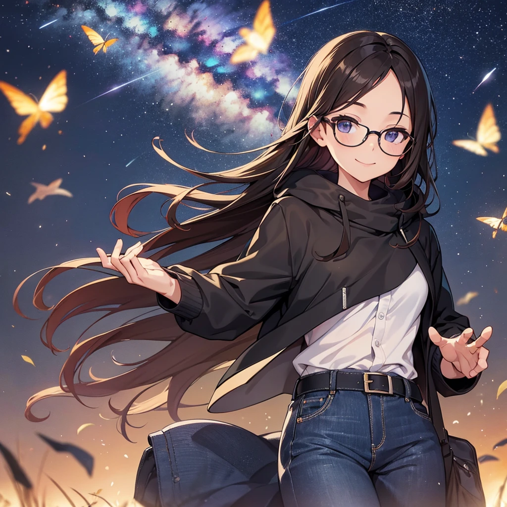 1 person picture. alone. Draw a beautiful woman, 30 years old, smiling, shoulder-length brown hair, clear forehead, black glasses, black hooded jacket, jeans, playing the piano. In the background is a meadow at night with fireflies. A beautiful night sky with shooting stars. A masterpiece. 8 k. High resolution. 