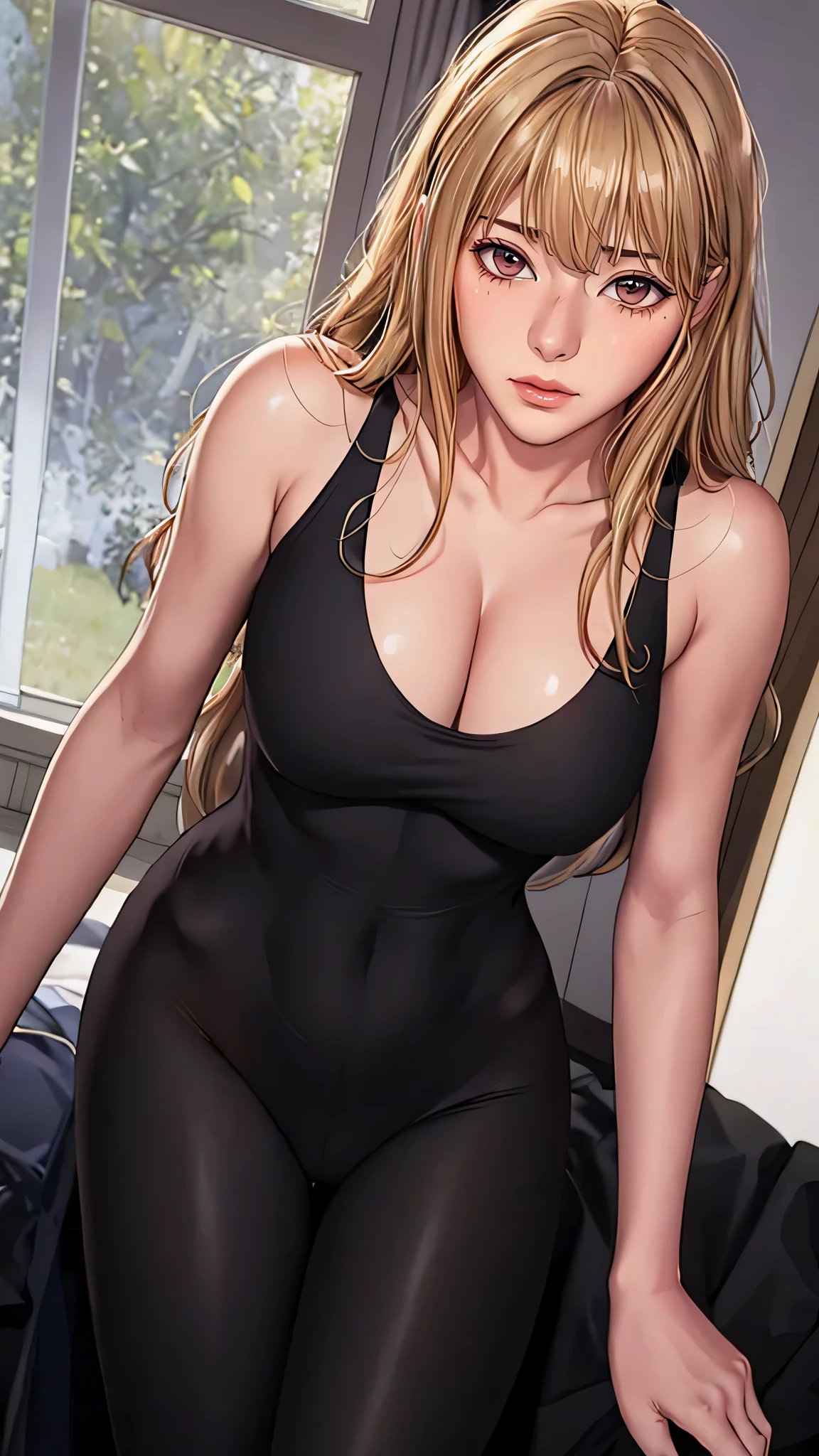 （（（aldult,blonde hair,long hair,brown eyes, （（（Denia，Manha，black clothes，black leggings ））），（（（wide hips））），S-shaped body:1.7））），((masterpiece)),high resolution, ((Best quality at best))，masterpiece，quality，Best quality，（（（ Exquisite facial features，looking at the audience,There is light in the eyes，Ha ha，blush，Shy ））），（（（Light and shadow interlace，huge ））），（（（from below，）））