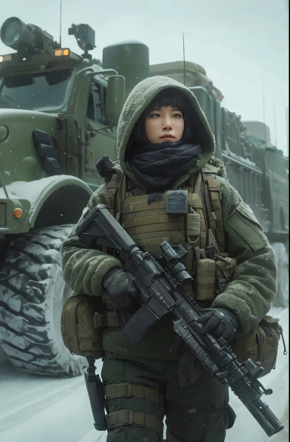 photorealistic、realistic skin texture、automatic rifle、
