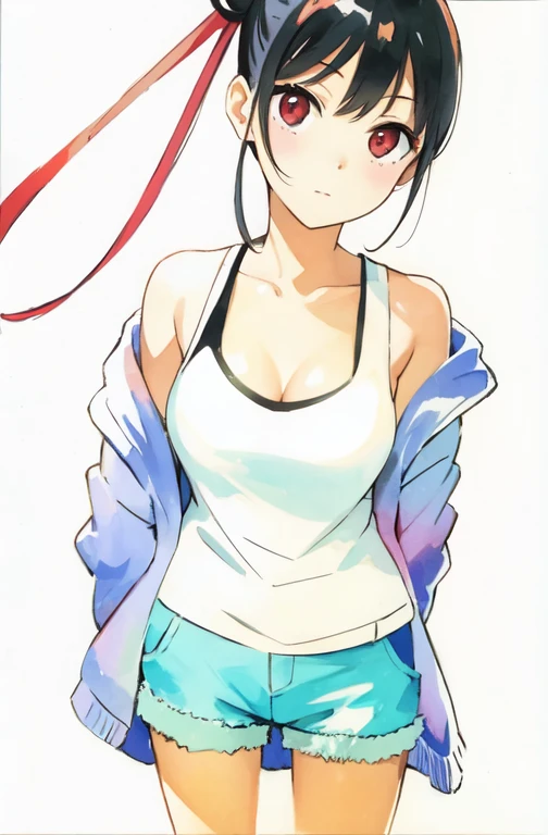 (((masterpiece))), red eyes, 1 girl, alone, looking at the viewer, chignon, black hair, long sleeve, cleavage, medium breasts, closed mouth, clavicle, Jacket, Tank top, open Jacket, blue Jacket, shorts,Expressionless,Two-dimensional beautiful girl,anime beautiful girl