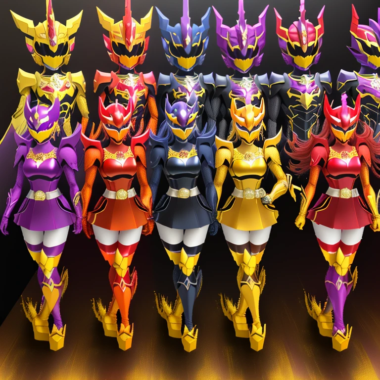 super sentai、transformation heroine、special effects、woman４people、red, purple and gold transformation suit、red, purple and gold mask(Helmet)、blue, white and red transformation suit、blue, white and red mask(Helmet)、yellow, orange and purple transformation suit、yellow, orange and purple mask(Helmet)、black and gold transformation suit、black and gold mask(Helmet)