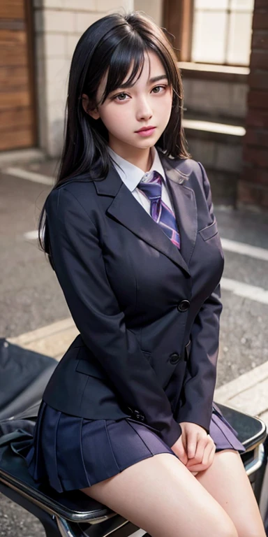 1girl, (school uniform),black hair, purple eyes,school,sitting, detailed face, detailed eyes, huge breasts, shiny skin, looking at the audience, (8k, RAW photo, best quality, masterpiece: 1.2), (realistic, realistic: 1.37), ultra-high resolution