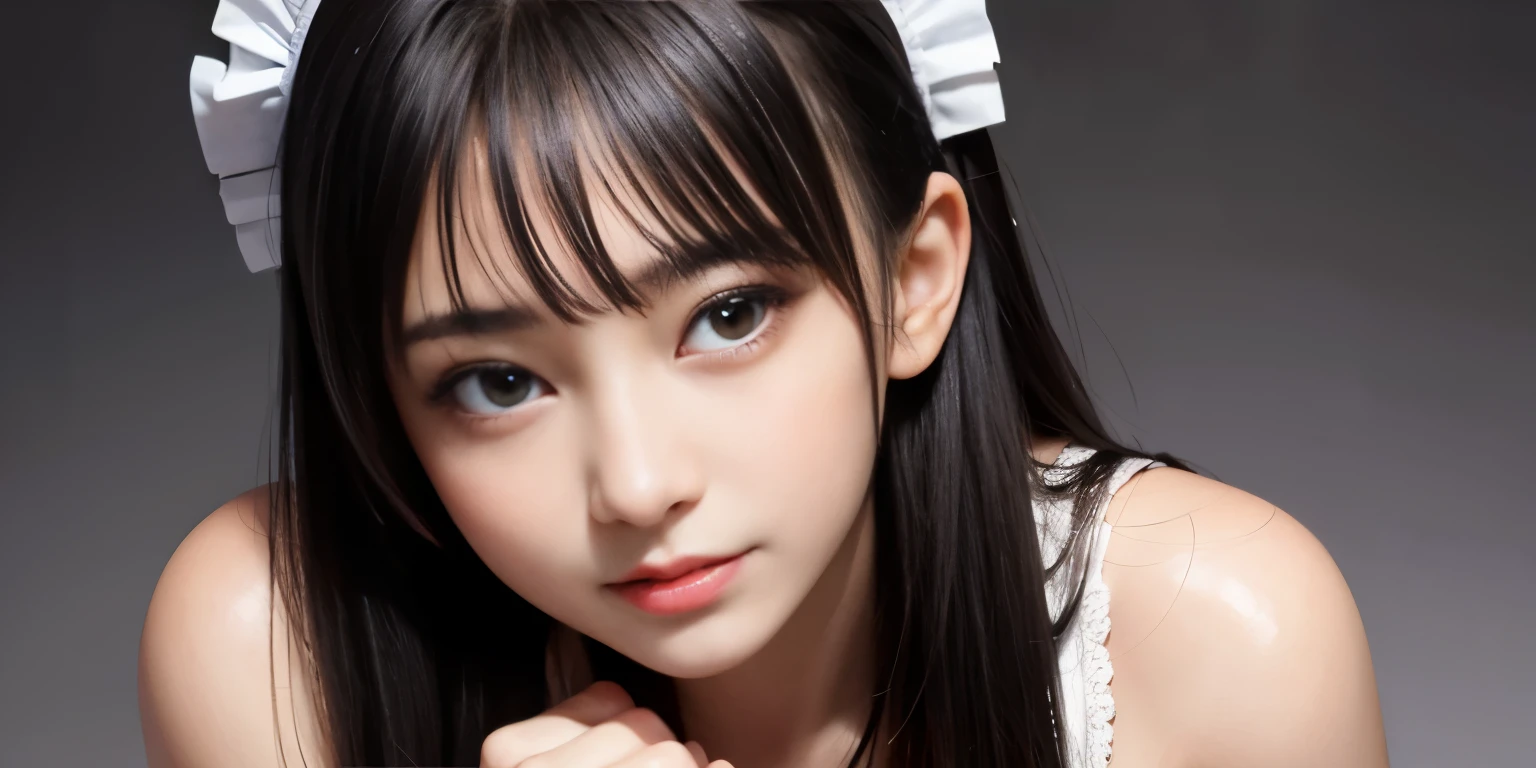 nsfw, 1girl, (solo), masterpiece, best quality, 8K, hight resolution, extremely detailed girl, extremely detailed beautiful face, Beautiful skin, shiny skin, perfect anatomy, cowboy shot, smile, looking at viewer, beautiful eyes, face focus, Japanese, black hair, laying, revealing clothes, maid, maid headdress, simple background, simple yellow background,
