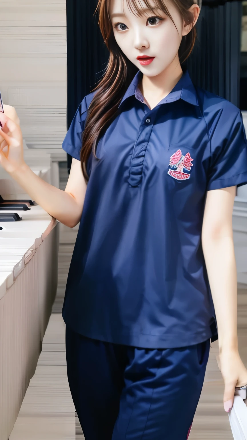 2 girls in the piano room, Short-sleeved shirt,Navy Long Trackpant,Age 25,Slim shape,exercise clothes, voluptuous, Thin, Sexual arousal, sexy