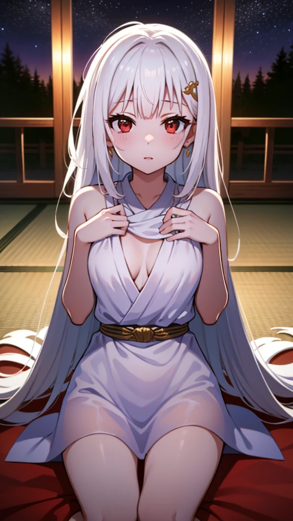 masterpiece, best quality, 1 solo girl, silver hair, red eyes, wavy hair, long hair, medium breasts, mature body and face, white Greek tunic, jewelry, hair ornament, earrings, tatami, night sky, cowboy shots, sexy pose, dakimakura, detailed body, face, and eyes, sharp focus, vibrant, creative, dynamic, high definition, high resolution, 8k, (Upscale: R-ESRGAN 4x+ Anime6B), (Image enchance:4x), voluptuous body, lying in the bed