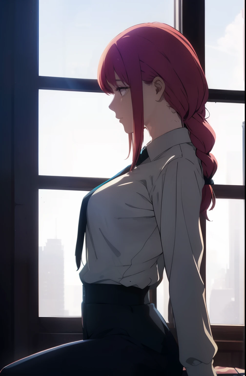 ((((Obra maestra, La mejor calidad, ultrahigh resolution)))), perfect anatomy, a woman with bred hair sitting on a window ledge naked and bent over, 1girl, solo, makima (chainsaw man), breasts, pantyhose, shirt, looking at viewer, red hair, sitting, open clothes, collared shirt, open shirt, smile, braided ponytail