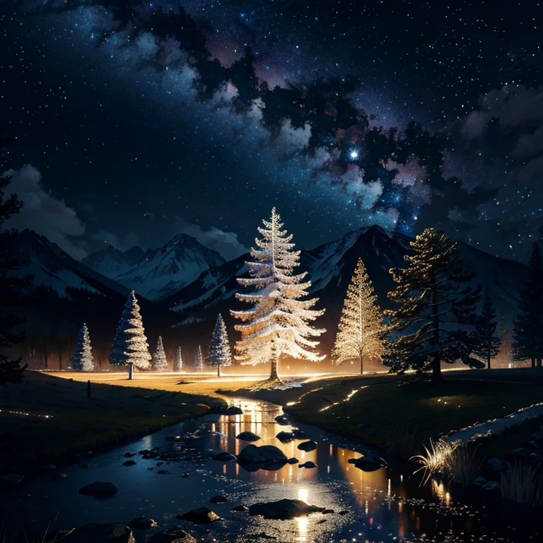 (best quality: 1.2), ultra-detailed, (realistic: 1.3), (photorealistic: 1.37), (highres: 1.2), (4k: 1.2), (8k: 1.2),

A masterpiece of enchanting beauty,
A peaceful and surreal night scene,
A beautiful detailed landscape,
An ethereal atmosphere filled with magic,
A star-filled sky, radiant and vibrant,
A rainbow made of stars, a breathtaking sight,
Vivid colors contrasting with dark tones,
Soft moonlight gently illuminating the path,
G
