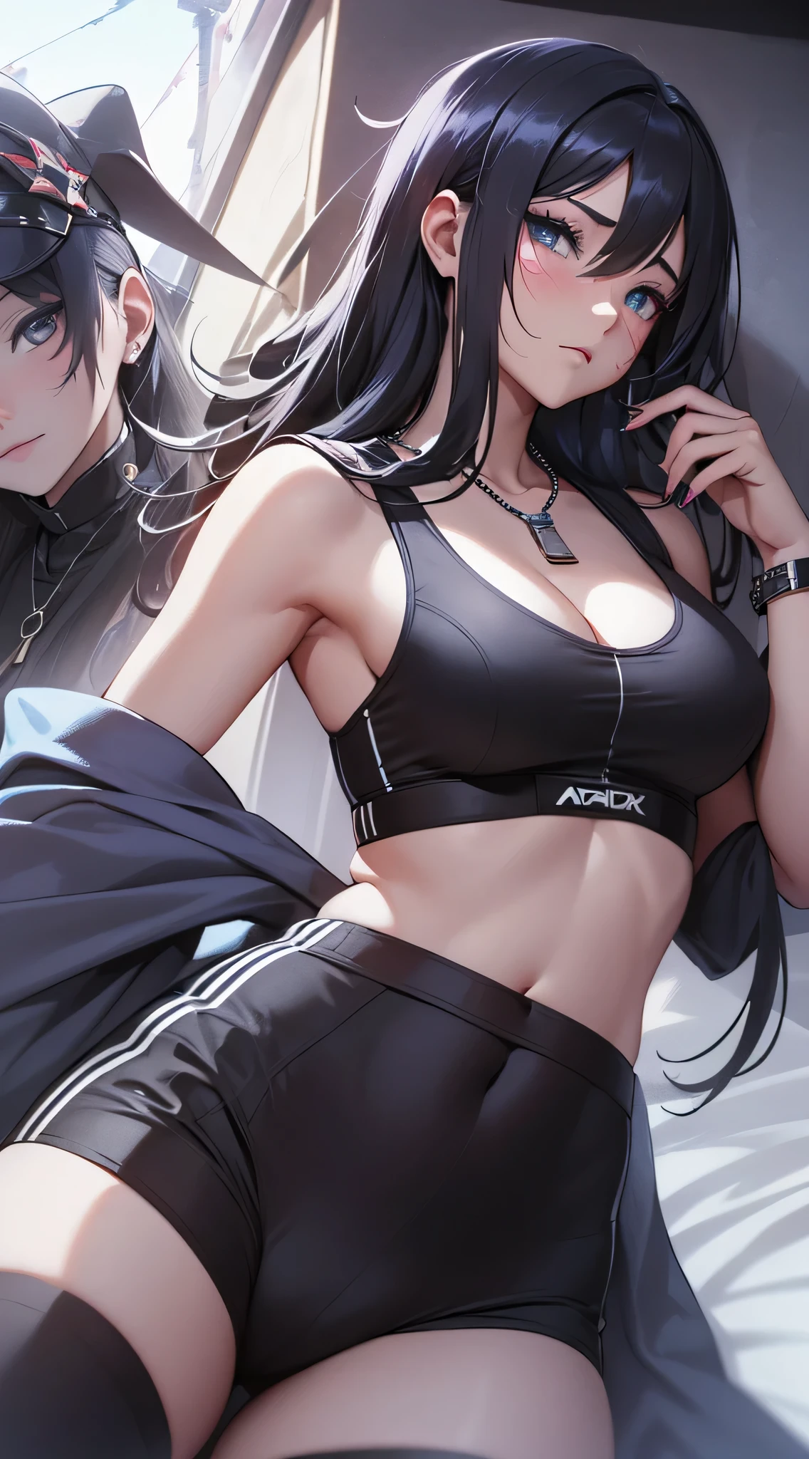 最high quality、best image quality、masterpiece、age girl((18-year-old、 By becoming、vest bust、medium bust,wide open breast tea、black eye, black hair、long hair、thin,highest valley、cute makeup、black sports bra、White sports pants、White Necklace、Blackface Paint、tired face、Sweat、sleep、worst sleeping position)),high quality、beautiful art、background((on the bed)),debris flies、Depth of written boundary、movie、visual art、perfect art、8K,genuine