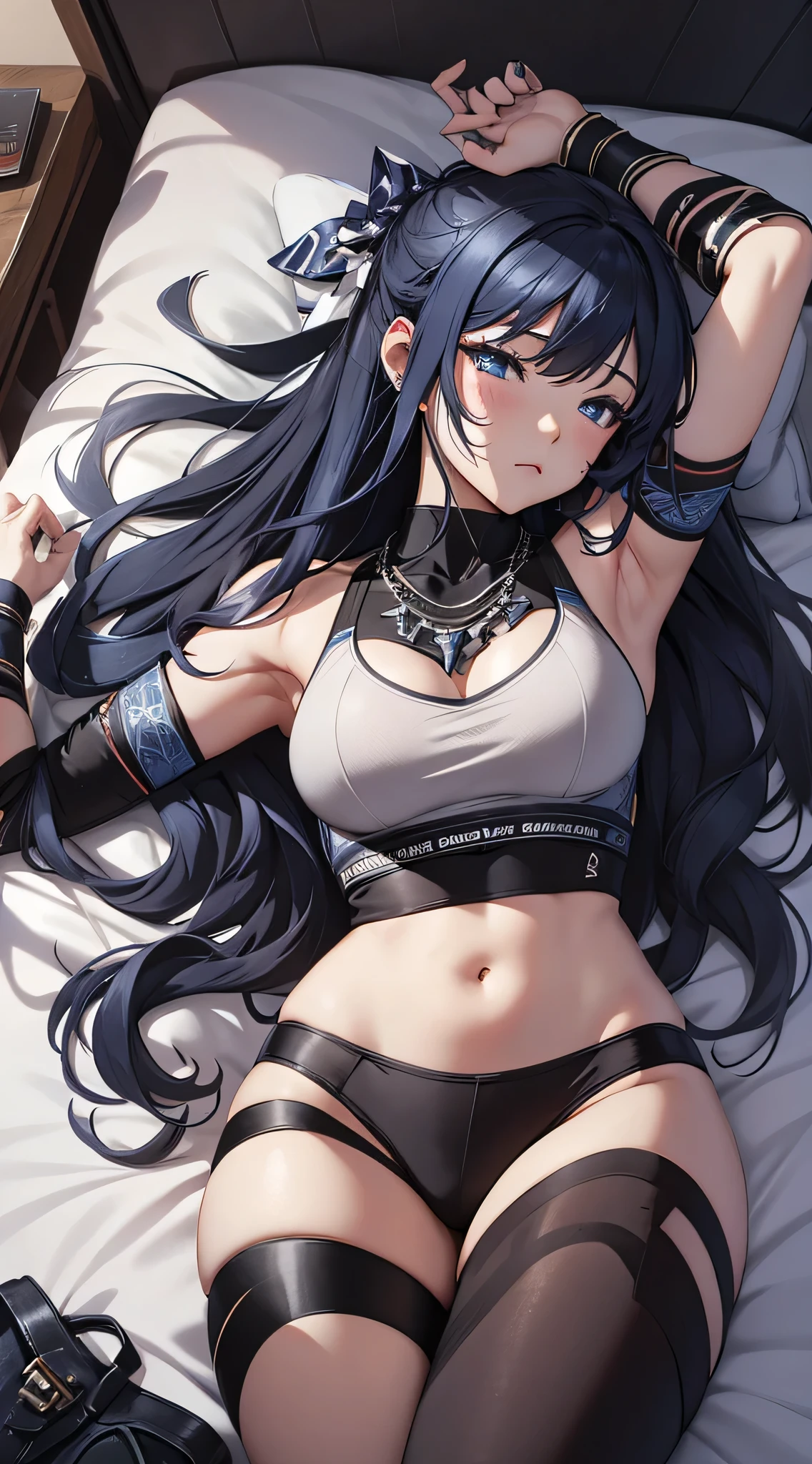 最high quality、best image quality、masterpiece、age girl((18-year-old、 By becoming、vest bust、medium bust,wide open brea、black eye, black hair、long hair、thin,highest valley、cute makeup、black sports bra、White sports pants、White Necklace、Blackface Paint、tired face、Sweat、sleep、worst sleeping position)),high quality、beautiful art、background((on the bed)),debris flies、Depth of written boundary、movie、visual art、perfect art、8K,genuine