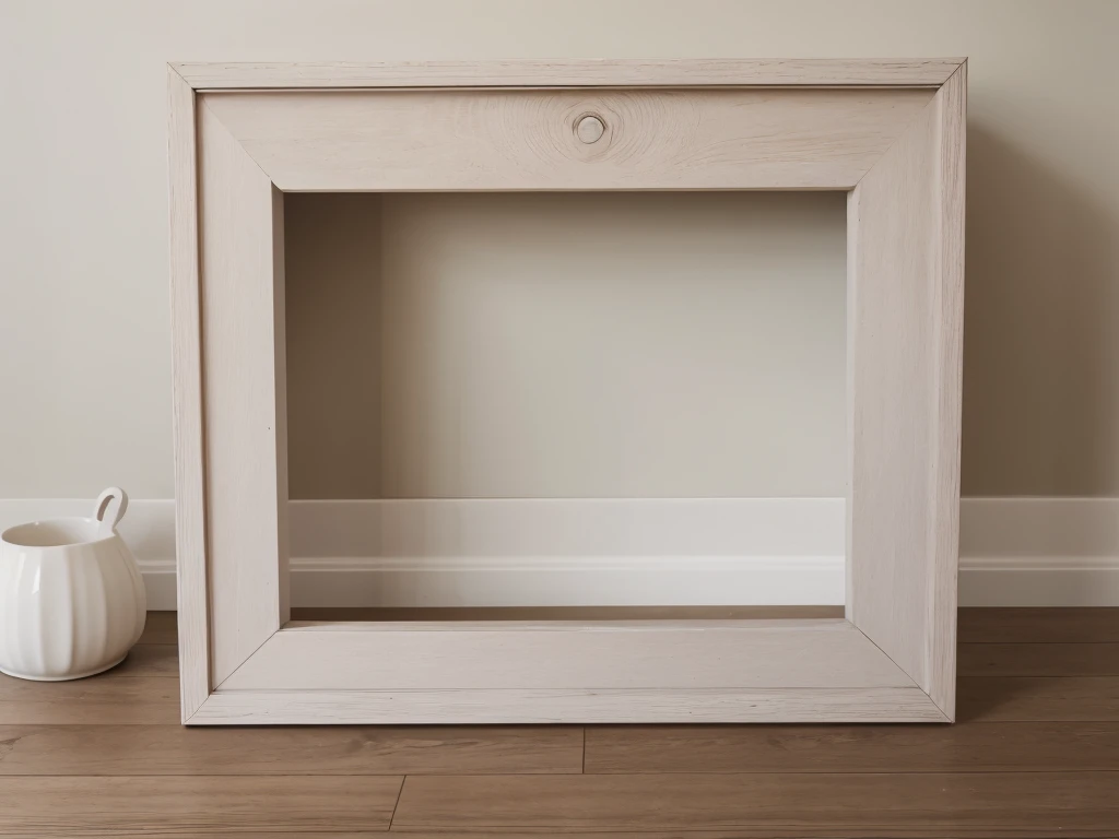 a wooden picture frame mockup in grey, threadbare abstractions, white background, empty space, light pink and light brown, focus on joints/connections, richad misrach, front view, vintage fireplace, room