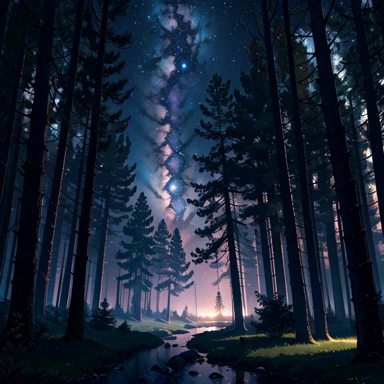 (best quality, ultra-detailed, photorealistic, 8K), A breathtaking night landscape in a magical forest, where every detail is meticulously rendered in high resolution. In the distance, the silhouette of towering trees, their leaves shimmering with the moonlight. The forest floor is blanketed with intricately detailed foliage, each texture and hue expertly captured in the image. In the night sky, a stunning star rainbow arcs, its ethereal beauty illuminated by the atmospheric illumination of the scene. (Solo: 1.2), The peaceful serenity of the forest is interrupted only by the occasional twinkling