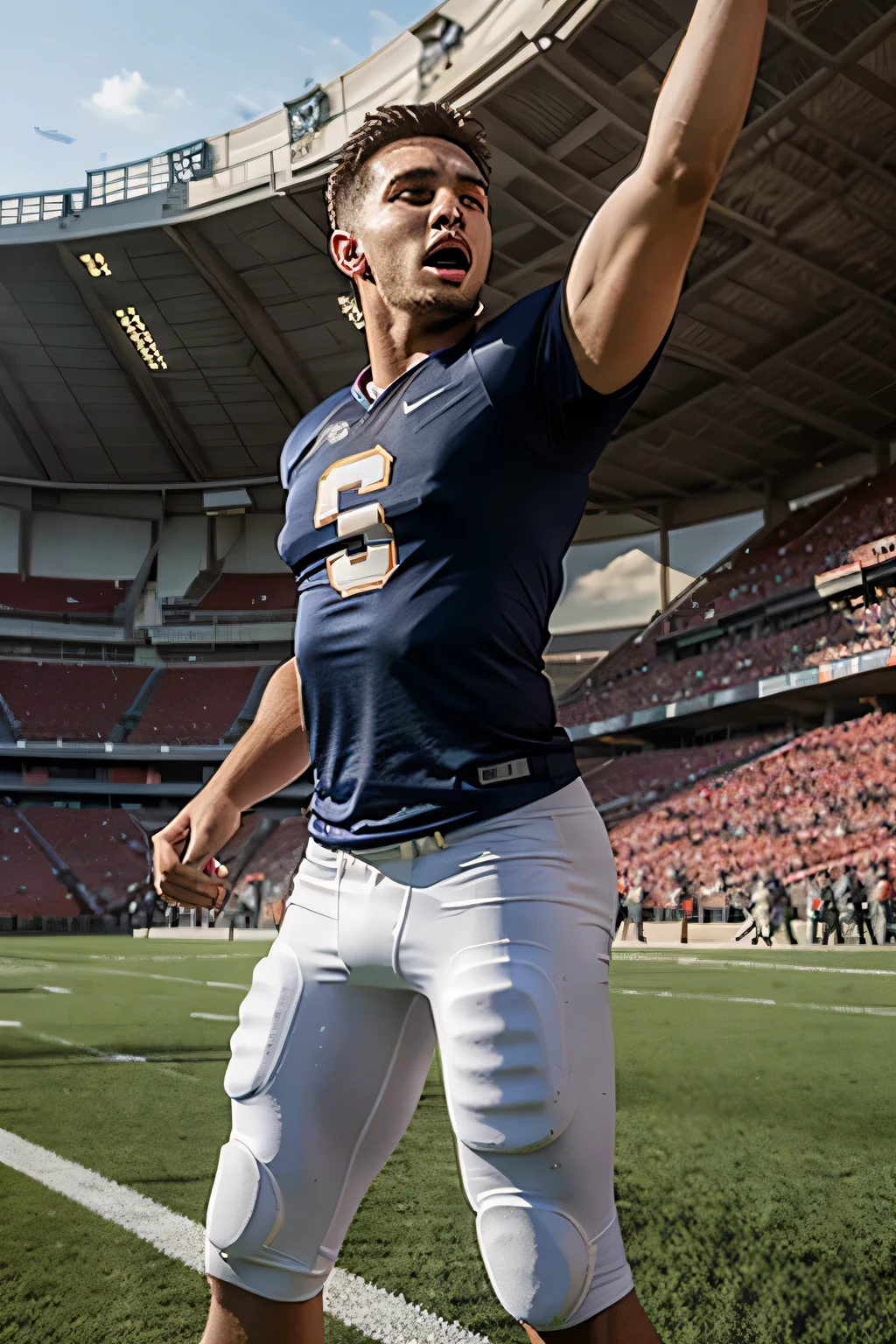 football player, realistic, stadium, cheering