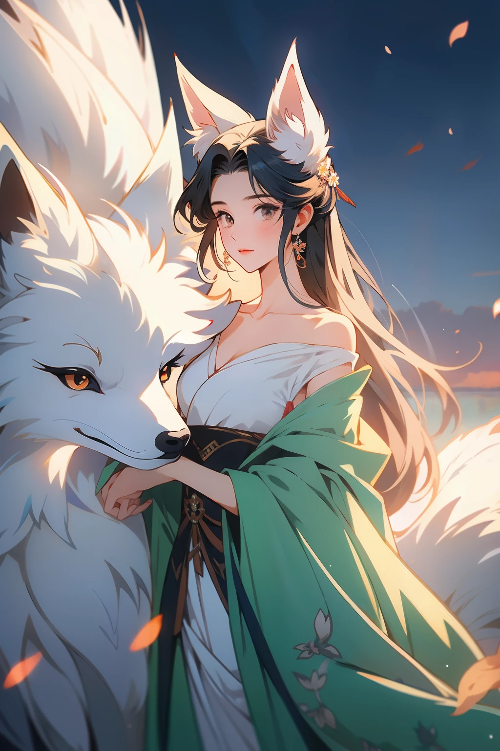 (masterpiece), (best quality), 1girl, girl with fox ears, swimsuit, Hanfu, nine-tail fox, off shoulder