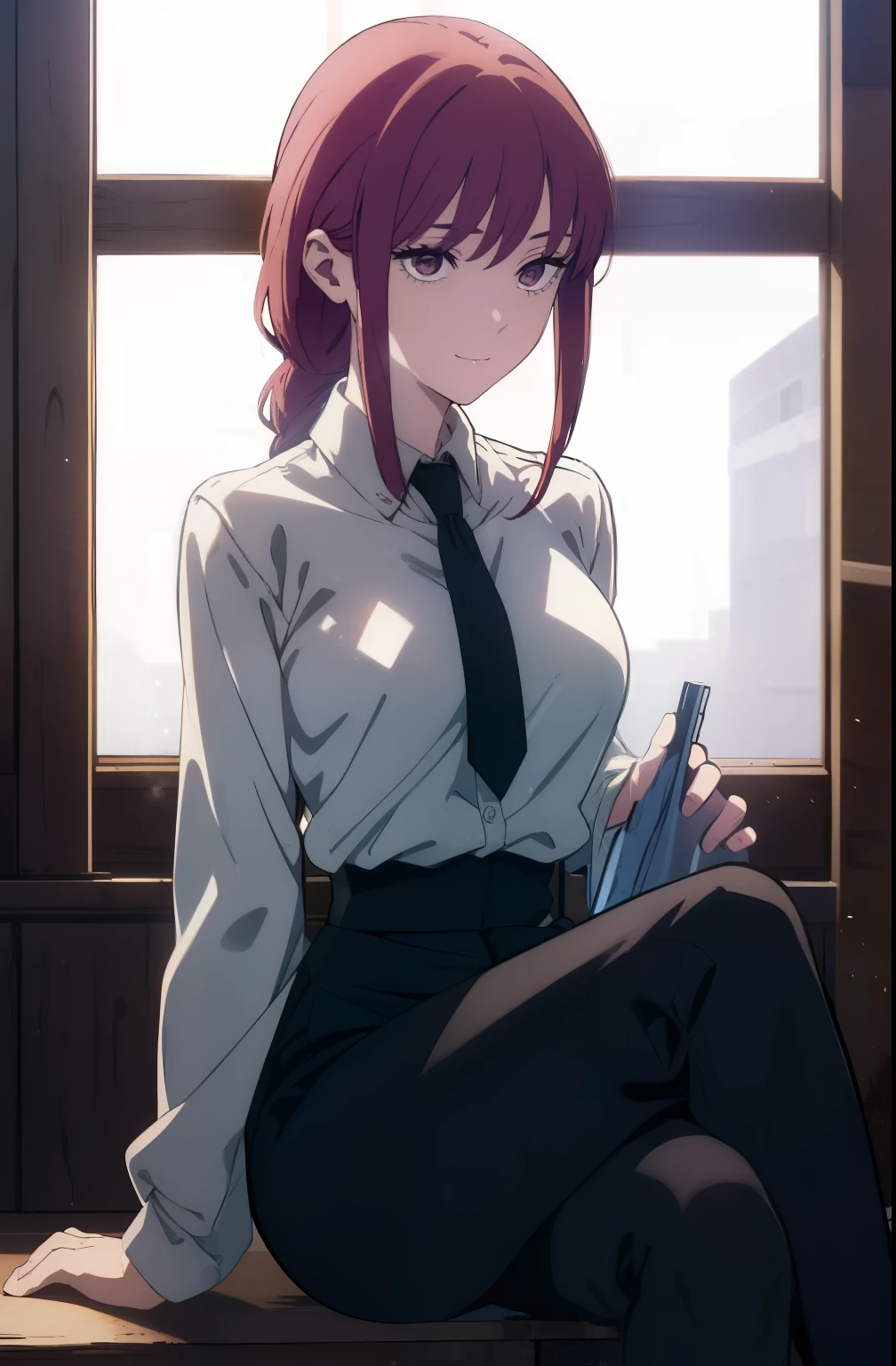 ((((Obra maestra, La mejor calidad, ultrahigh resolution)))), perfect anatomy, a woman with bred hair sitting on a window ledge naked and bent over, 1girl, solo, makima (chainsaw man), breasts, pantyhose, shirt, looking at viewer, red hair, sitting, open clothes, collared shirt, open shirt, smile, braided ponytail