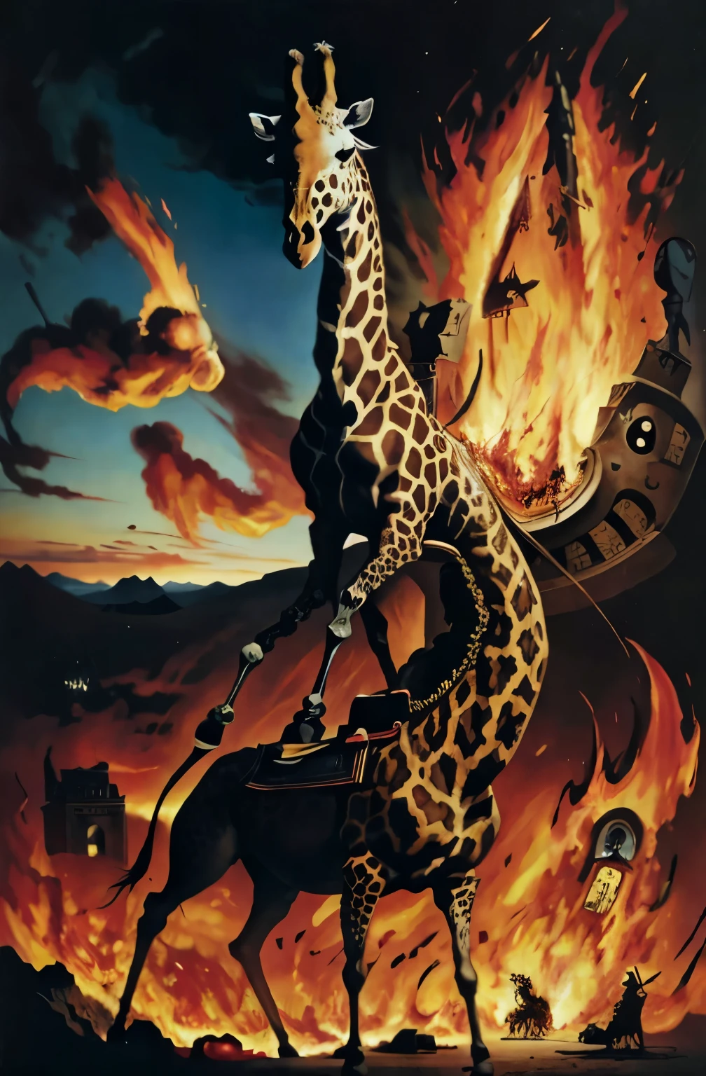 Self-Portrait by Salvador Dalí. The artist sits on the back of a burning giraffe, giraffe engulfed in fire, surrealistic animal