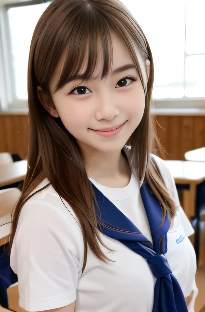 1girl, cute, 16 years old, smiling, look at viewer, sailor uniform, seifuku, photo, realistic, best quality, hires, detailed face, classroom, detailed background, diffused lighting, depth of field, bokeh