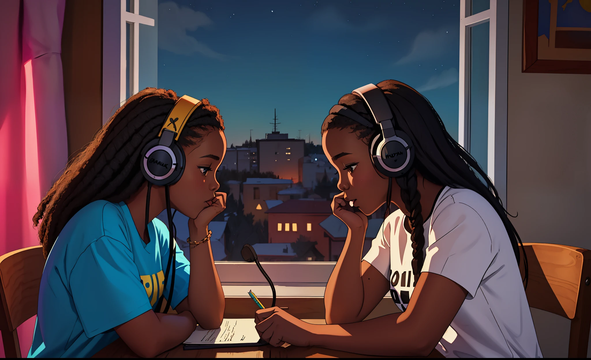 "lofistudy, African girl writing from a side profile with long hair, wearing headphones and a t-shirt, sitting by a window with a Ukraine background at night, capturing the essence of hip hop vibes."