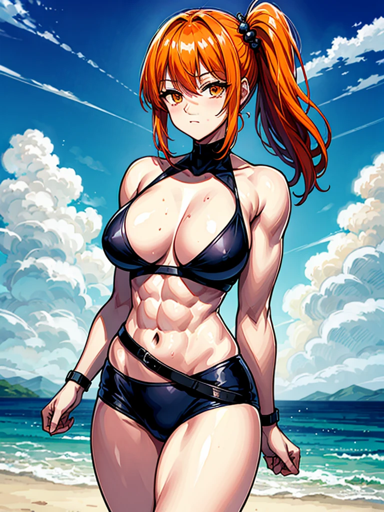 (((masterpiece、Highest image quality、highest quality、highly detailed unity 8kwallpaper)))、((Illustration of one girl))、(((beautiful girl)))、((orange hair、side ponytail、sidelocks:1.3、orange eyes))、(((stocky build:1.2, thickset physique:1.3, muscular legs, broad shoulders:1.3, solid chest:1.wimsuit、sandy beach