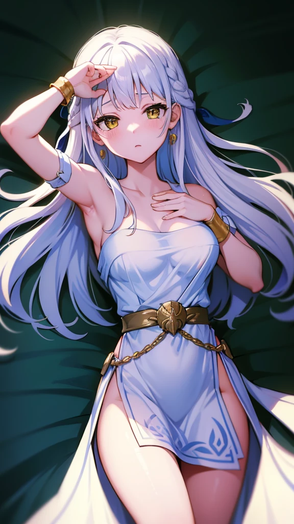 masterpiece, best quality, 1 solo girl, silver hair, yellow eyes, wavy hair, long hair, medium breasts, mature body and face, white Greek tunic, jewelry, hair ornament, earrings, tatami, night sky, cowboy shots, sexy pose, dakimakura, detailed body, face, and eyes, sharp focus, vibrant, creative, dynamic, high definition, high resolution, 8k, (Upscale: R-ESRGAN 4x+ Anime6B), (Image enchance:4x), voluptuous body, lying in the bed