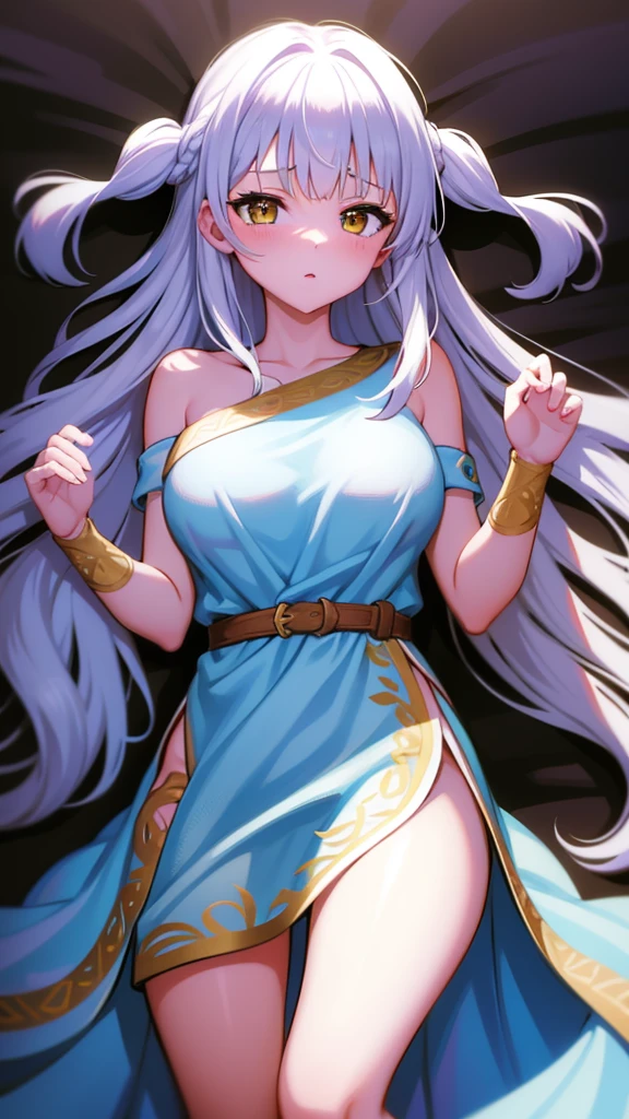 masterpiece, best quality, 1 solo girl, silver hair, yellow eyes, wavy hair, long hair, medium breasts, mature body and face, white Greek tunic, jewelry, hair ornament, earrings, tatami, night sky, cowboy shots, sexy pose, dakimakura, detailed body, face, and eyes, sharp focus, vibrant, creative, dynamic, high definition, high resolution, 8k, (Upscale: R-ESRGAN 4x+ Anime6B), (Image enchance:4x), voluptuous body, lying in the bed