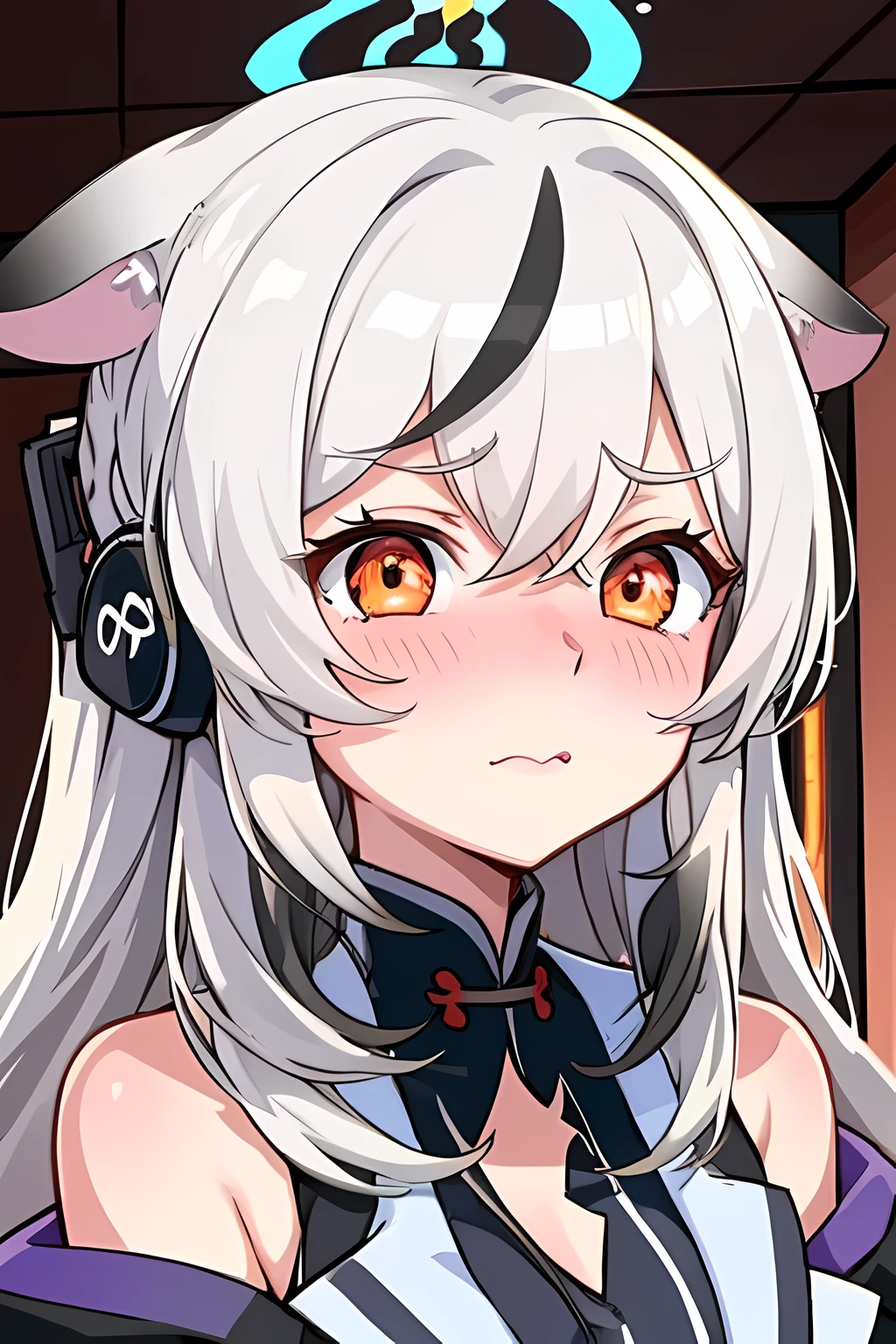 1 girl, Kocona, indoors, orange eyes, white hair, :3 mouthfuls, Awkward, beautiful eyes, beautiful lips, shiny lips, Extremely detailed eyes and face, long eyelashes, close up, warm light, bright colors, looking at the audience, Awkward look, blush, With headphones, in the room