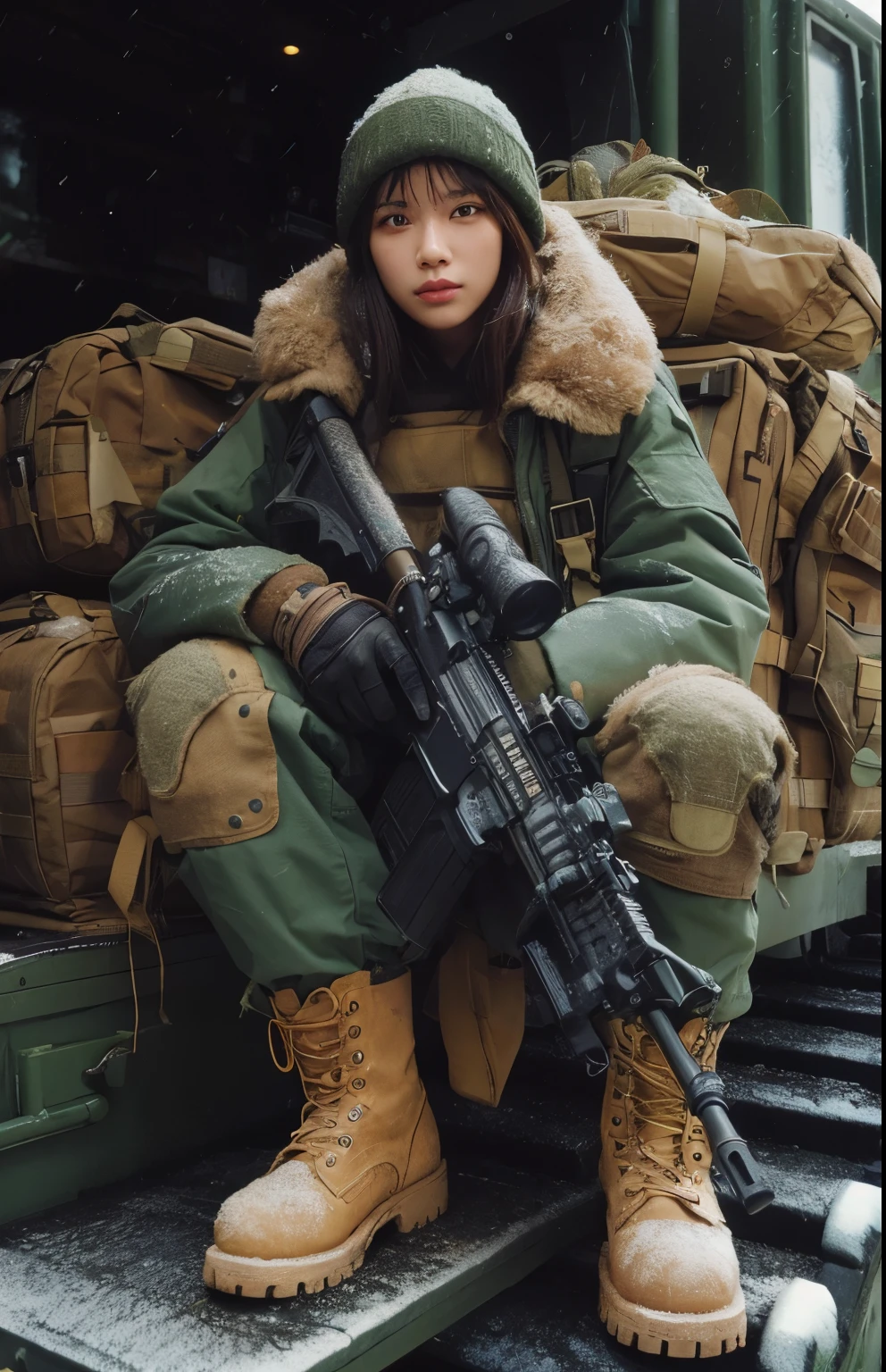photorealistic、realistic skin texture、automatic rifle、