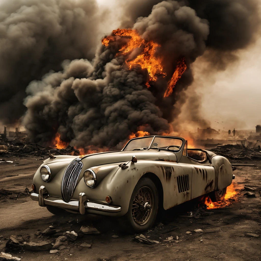 jaguar xk120, apocalyptic scene, rear wheels on fire, intense flames, burning road, dark smoke, chaotic environment, crumbling buildings, abandoned cars, ash-filled sky, jagged ruins, post-apocalyptic, fiery destruction, dramatic lighting, menacing atmosphere, hot embers, billowing smoke, glowing coals, scorching heat, apocalyptic wasteland, inferno, smoldering debris, fiery glow, adrenaline rush, fast-paced action, danger, excitement, roaring flames, dynamic movement, flickering light, intense heat, high-octane, racing against time, thrilling ride, fury unleashed, powerful speed, burning rubber, surreal landscape, smoky horizon, race through destruction, adrenaline-fueled adventure, fiery inferno, epic chaos, burning passion
