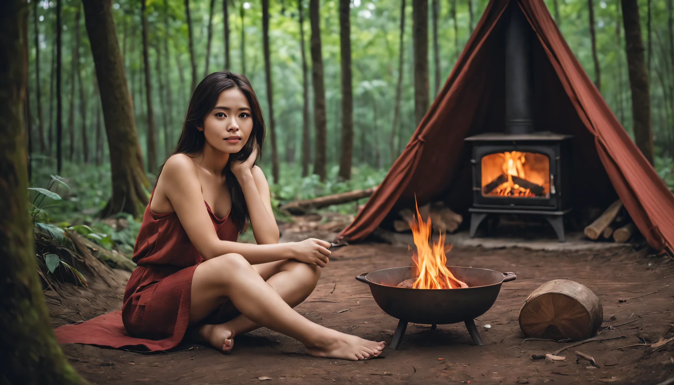 a beautiful woman with an Indonesian face in the middle of the forest sitting in front of the fireplace not blocking the fireplace, there is no fire burning only the remaining burnt wood arranged neatly, with a fire stove made of red bricks, there is a tent on the side, a natural landscape