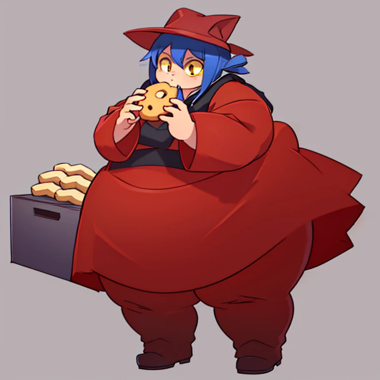 masterpiece, ((eating cookies)), best quality,  obese niko, yellow eyes, person, red hat, hat, red dress, blue hair, simple background,