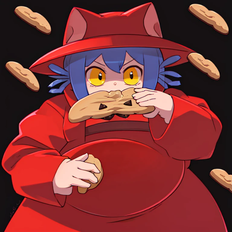 masterpiece, ((eating cookies)), best quality,  obese niko, yellow eyes, person, red hat, hat, red dress, blue hair, simple background,