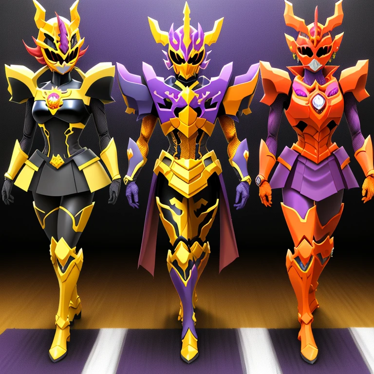 super sentai、special effects、4 people、red and purple transformation suit、red and purple mask(Helmet)、blue and white transformation suit、blue and white mask(Helmet)、yellow and orange transformation suit、yellow and orange mask(Helmet)、black and gold transformation suit、black and gold mask(Helmet)