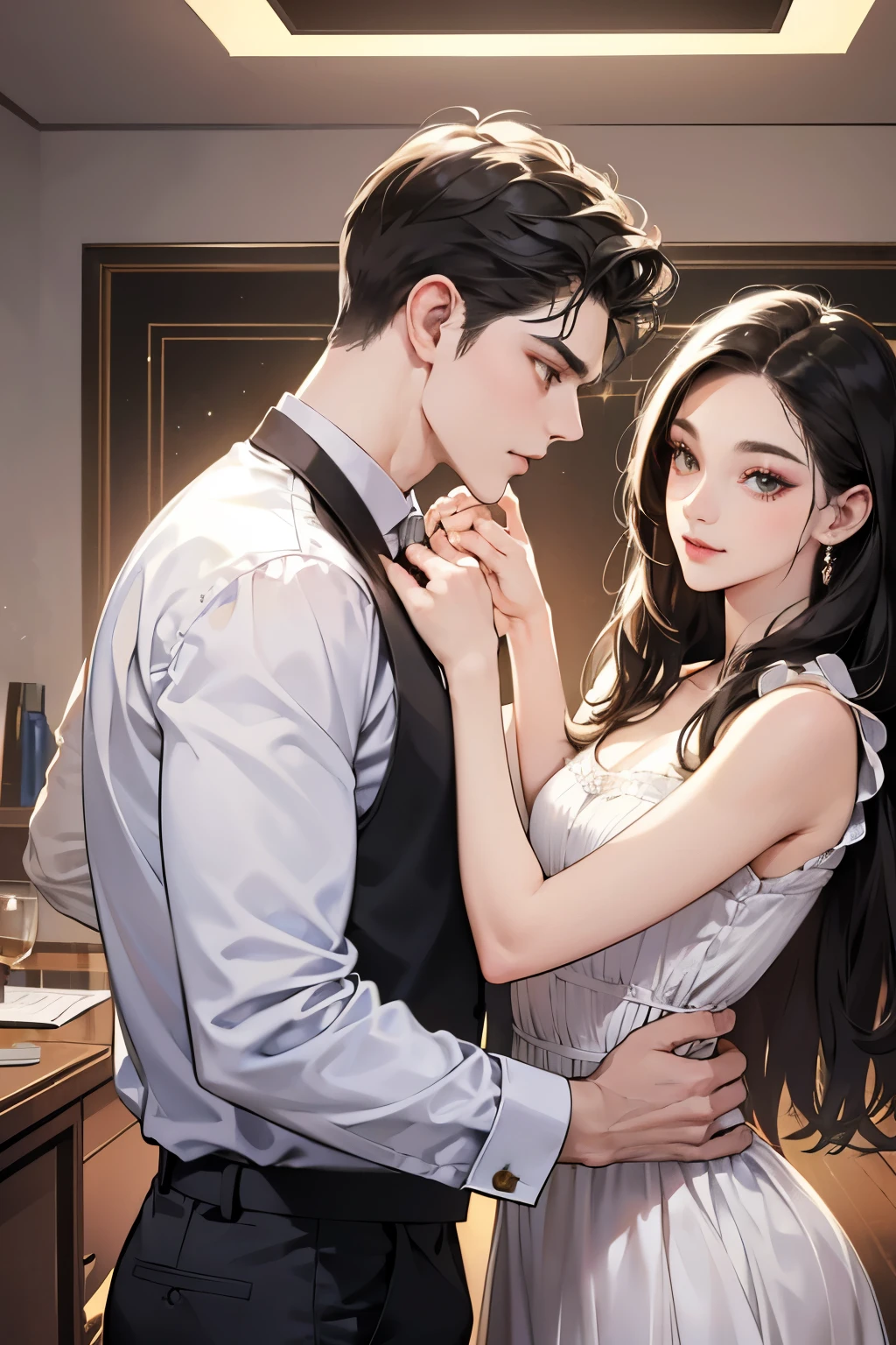 (table top, digital art, digital illustration, 4K, 8K, super detailed, beautiful images, clear image, realistic, RAW photo, perfect face, perfect lines, perfect eyes, soft lighting) 1 female, (long black hair,straight hair,Bullish gaze,beautiful woman,Solid makeup,23 year old female,small breasts:1.3),secretary, Two handsome men in suits, (human,Men in suits,muscular,Firm shoulder width,adult male,boyish hairstyle,british gentleman&#39;s style,A man in his 30s with a cool expression,28-year-old man with bright smile:1.2),Bright Western-style room、white wall、couple dancing、light、country style、k pop dance