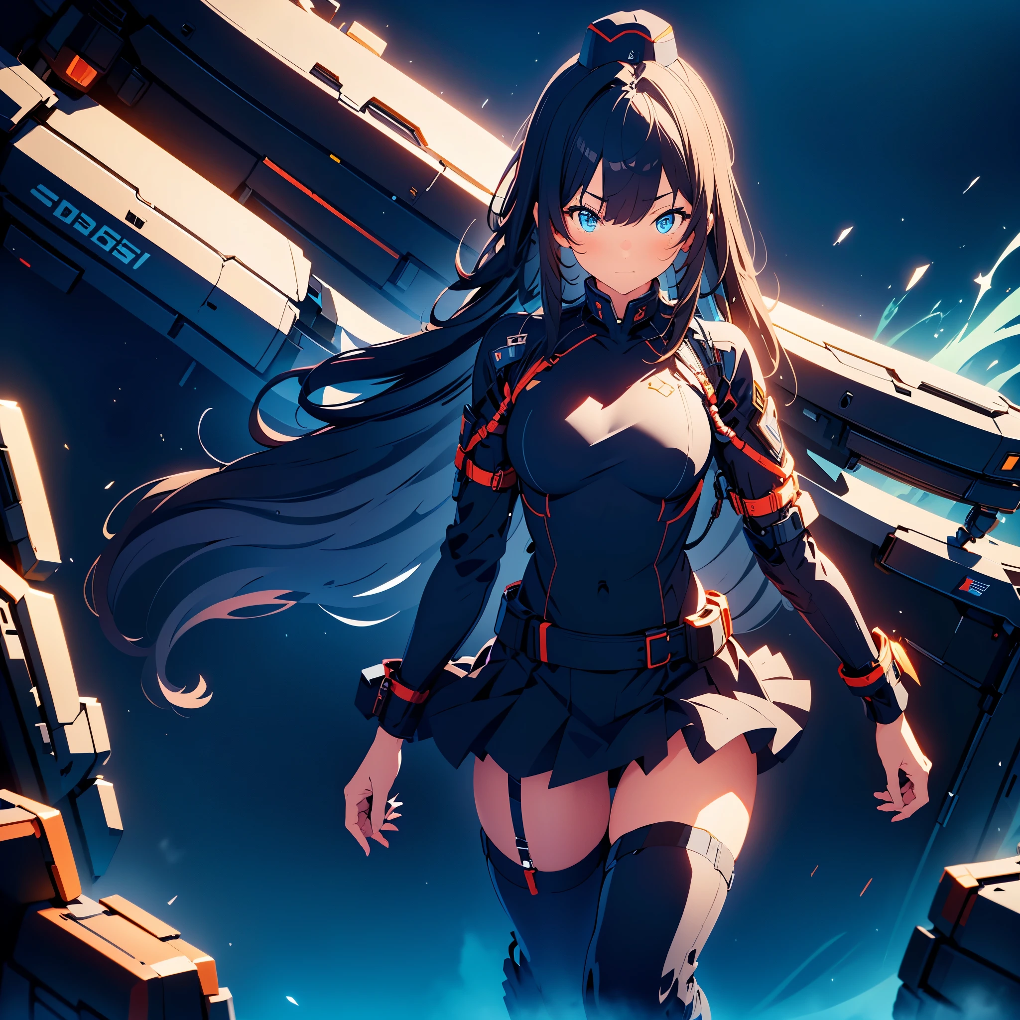 A lone girl, black long hair,  light blue eyes, Black hat, Black Military Cloth , Black Skirt, shy