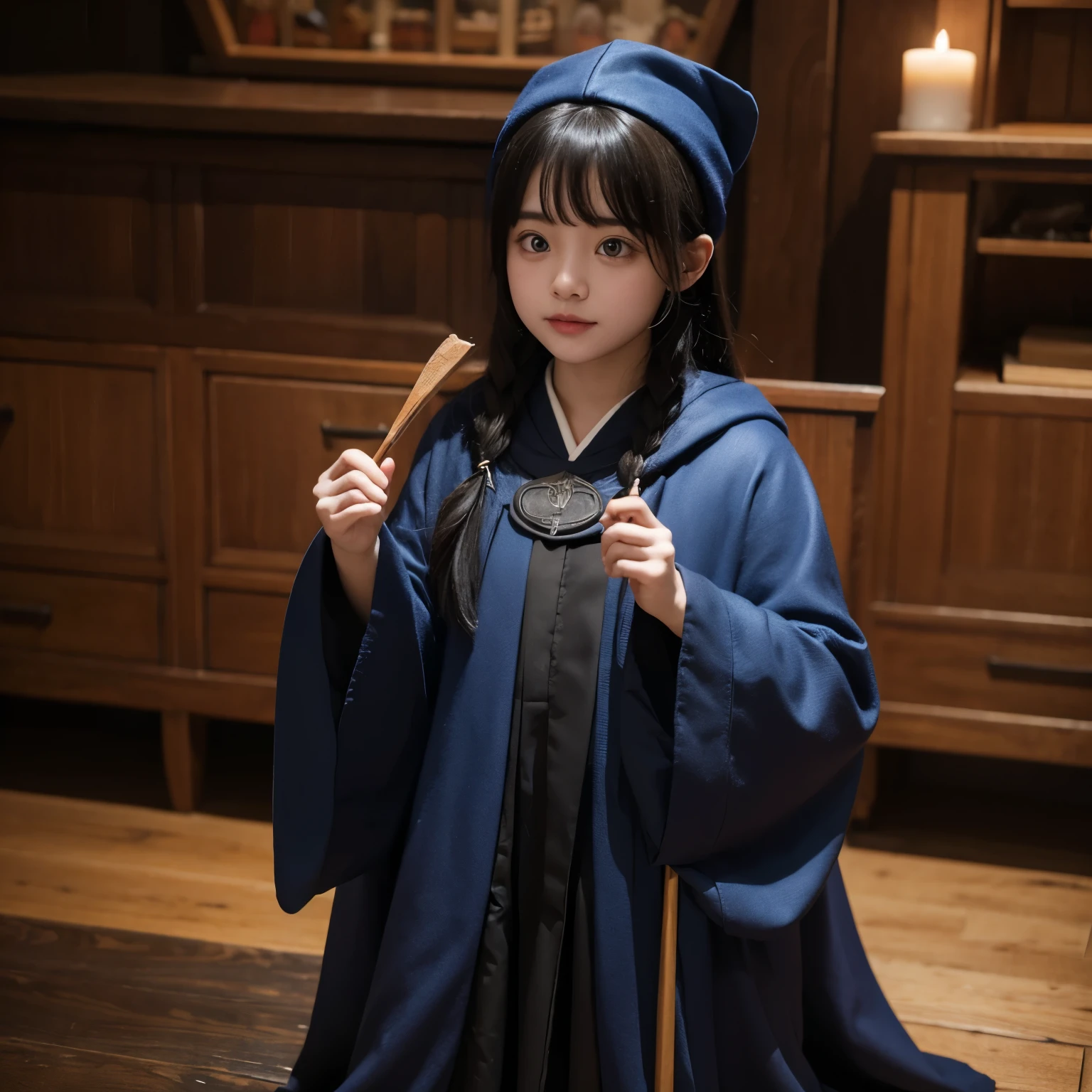 A girl, wearing a purple and black cloak, It is in a Chinese-style building