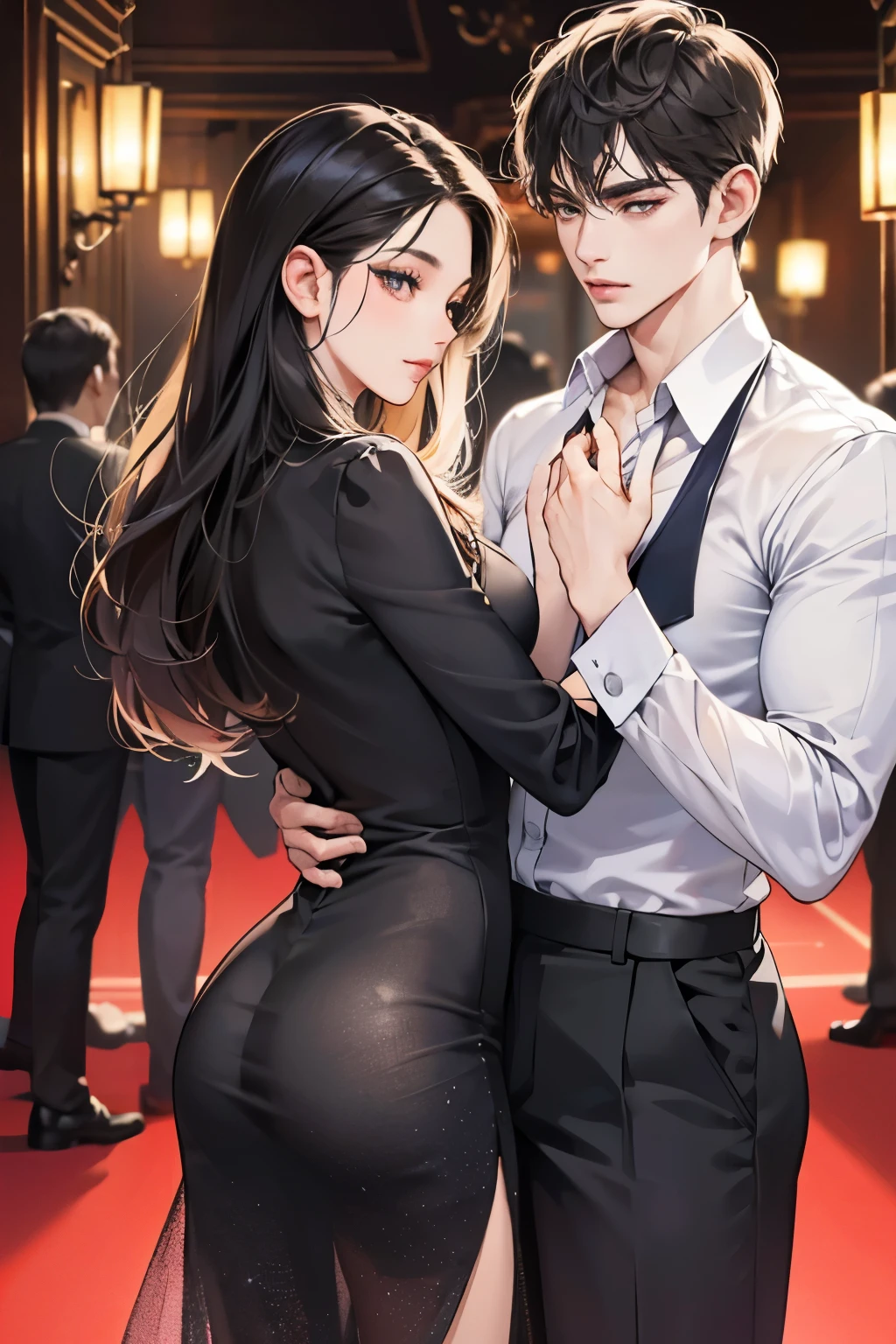 (table top, digital art, digital illustration, 4K, 8K, super detailed, beautiful images, clear image, realistic, RAW photo, perfect face, perfect lines, perfect eyes, soft lighting) 1 female, (long black hair,straight hair,Bullish gaze,beautiful woman,Solid makeup,23 year old female,small breasts:1.3),secretary, Two handsome men in suits, (human,Men in suits,muscular,Firm shoulder width,adult male,boyish hairstyle,british gentleman's style,A man in his 30s with a cool expression,28-year-old man with bright smile:1.2),Bright Western-style room、white wall、couple dancing、light、country style、k pop dance