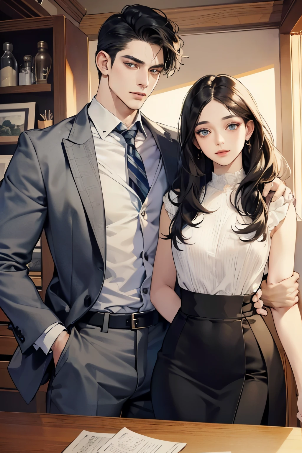 (table top, digital art, digital illustration, 4K, 8K, super detailed, beautiful images, clear image, realistic, RAW photo, perfect face, perfect lines, perfect eyes, soft lighting) 1 female, (long black hair,straight hair,Bullish gaze,beautiful woman,Solid makeup,23 year old female,small breasts:1.3),secretary, Two handsome men in suits, (human,Men in suits,muscular,Firm shoulder width,adult male,boyish hairstyle,british gentleman's style,A man in his 30s with a cool expression,28-year-old man with bright smile:1.2),Bright Western-style room、white wall、couple dancing、light、country style、k pop dance