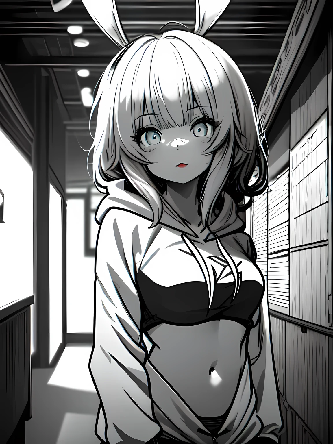 1 girl, beautiful korean girl, (Cute loose bob hair, flowing hair), (Wearing a cropped bunny hoodie:1.5), (red lips, small breasts, toned stomach, eyelash, Egiosar), Immersive backgrounds, global illumination, natural lighting, (Beautiful and delicate eyes, symmetrical eyes), (8k, original photo, masterpiece, High-detail RAW color photos, best quality, High-detail CG unified 8K wallpaper), (best shadow, Best Illustration), Physically based rendering, high contrast, colorful,