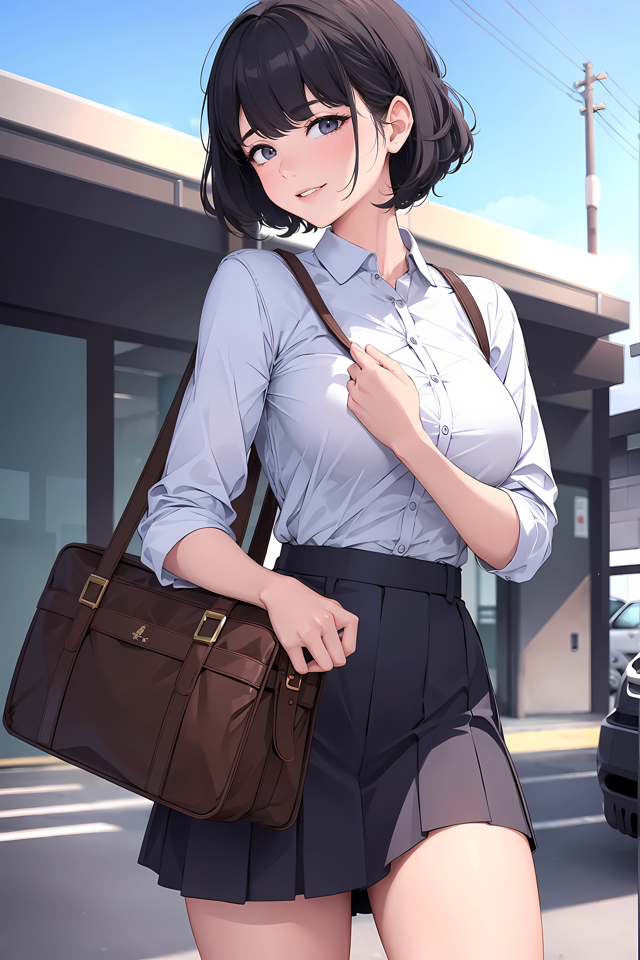 I'horse girl dress high school,short black hair,carrying a black school bag,white,Smile