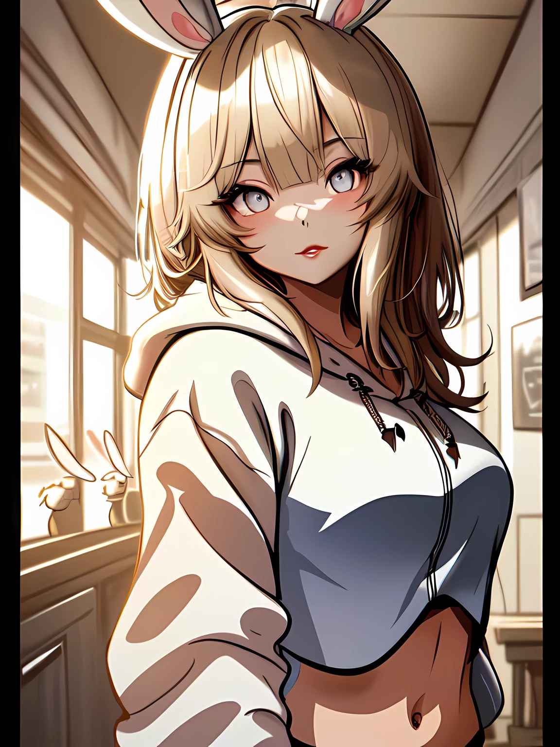 1 girl, beautiful korean girl, (Cute loose bob hair, flowing hair), (Wearing a cropped bunny hoodie:1.5), (red lips, small breasts, toned stomach, eyelash, Egiosar), Immersive backgrounds, global illumination, natural lighting, (Beautiful and delicate eyes, symmetrical eyes), (8k, original photo, masterpiece, High-detail RAW color photos, best quality, High-detail CG unified 8K wallpaper), (best shadow, Best Illustration), Physically based rendering, high contrast, colorful,