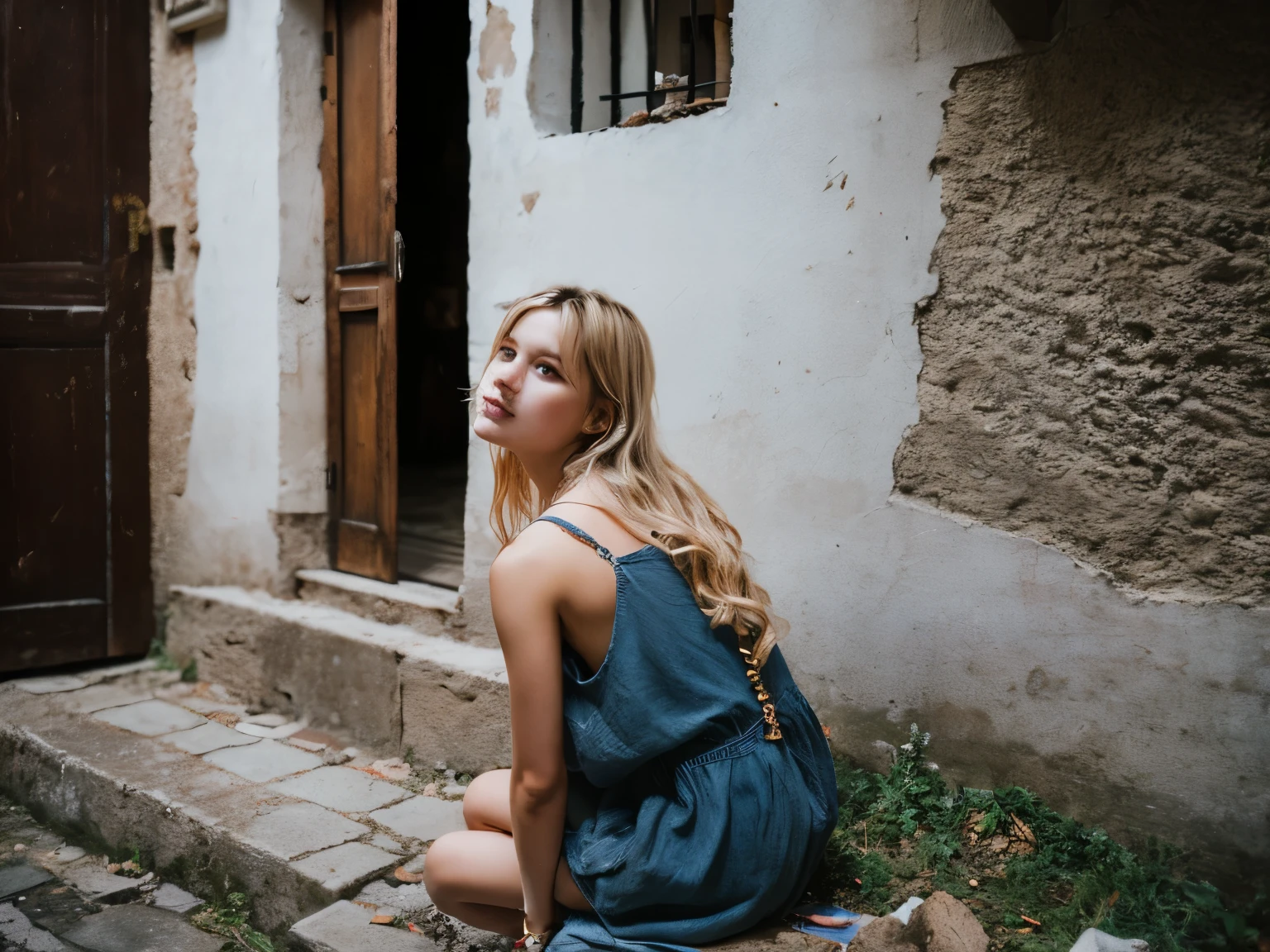 Looking at the remains of the destroyed village、I hear noises from the house。 entering the building、Find a blonde girl tied to a wall with long chains around her ankles.。 she looks up at you