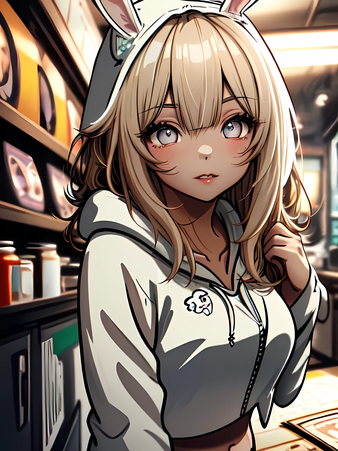 1 girl, beautiful korean girl, (Cute loose bob hair, flowing hair), (Wearing a cropped bunny hoodie:1.5), (red lips, small breasts, toned stomach, eyelash, Egiosar), Immersive backgrounds, global illumination, natural lighting, (Beautiful and delicate eyes, symmetrical eyes), (8k, original photo, masterpiece, High-detail RAW color photos, best quality, High-detail CG unified 8K wallpaper), (best shadow, Best Illustration), Physically based rendering, high contrast, colorful,