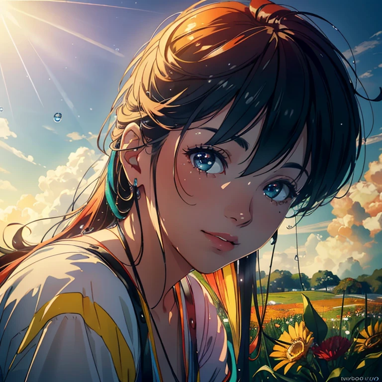 (best quality: 1.5), ultra-detailed: 1.4), (realistic: 1.5), (photorealistic: 1.6), (8k: 1.3), A breathtaking rainbow graces the sky, with each hue expertly rendered in exquisite detail. The best quality imagery captures every minute nuance, from the saturated reds to the gentle transition into the vibrant oranges, yellows, and greens. The blues of the sky are so realistically depicted, it's as if you could reach up and touch it. The sun's light filters through the raindrops, casting a pr