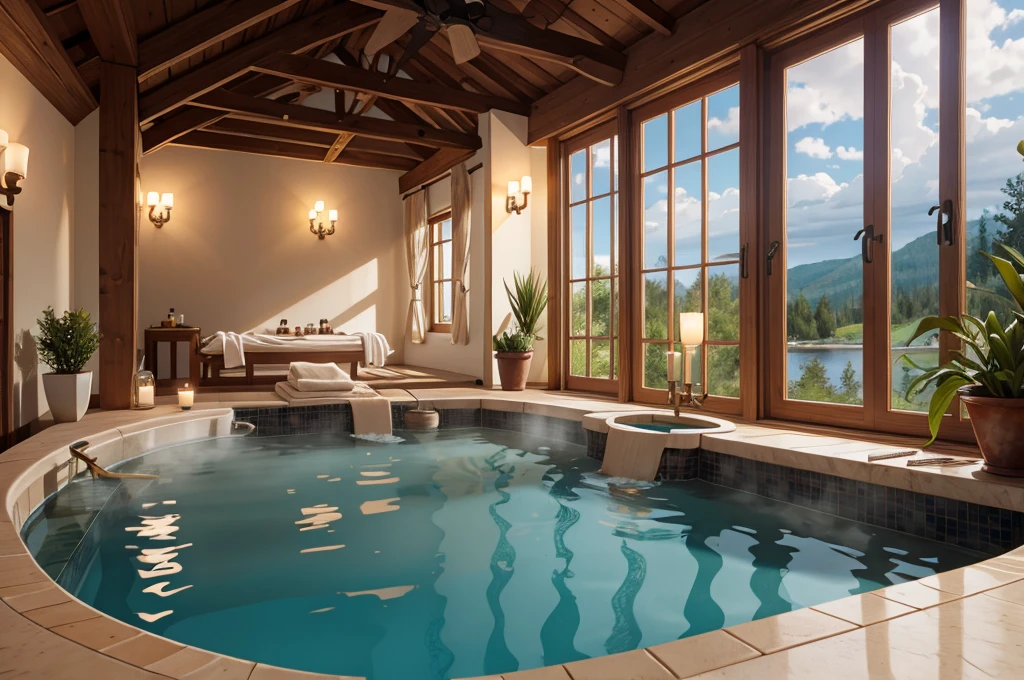 inside of a european wellness bath, spa, cozy, relaxing, hyperrealistic