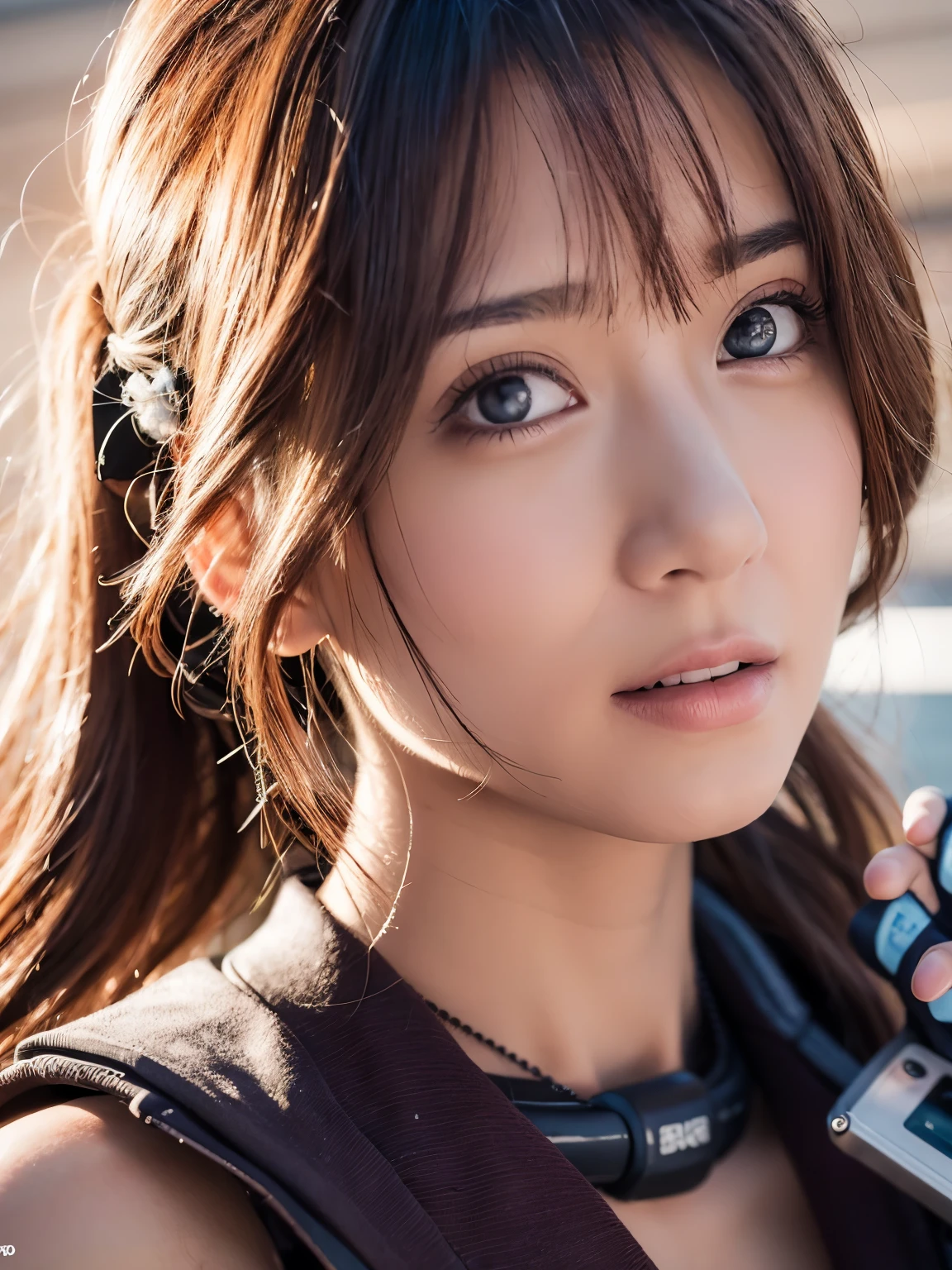 (8K, RAW photo, highest quality, masterpiece:1.3),(realistic,photo-realistic:1.37),(looking at the viewer:1.331),cyberpunk city,soft light,1 girl,very beautiful face,bust,put down hands,random hairstyle,random expression,Big eyes,