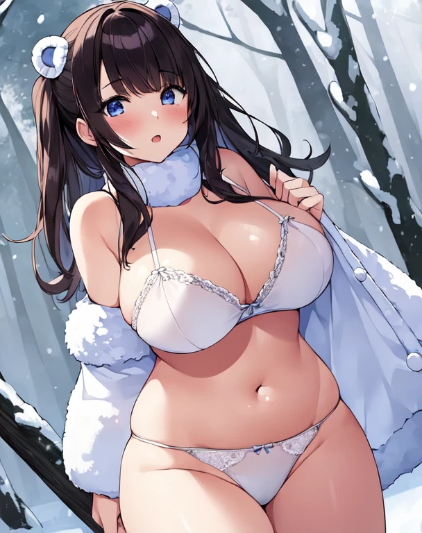 todoshizuko, purple hair, ponytail, hair ribbon, long hair, blue eyes, makeup, 15years old,  empty eyes, large breasts, nipple, Running, Heavy snowfall area, frozen, ,(Sweating profusely, Love juice, Wet Woman, female ejaculation), ,, crying, mountain, Alone, crying, Naked, solo, 1girl, Peeing, lactation, projectile lactation