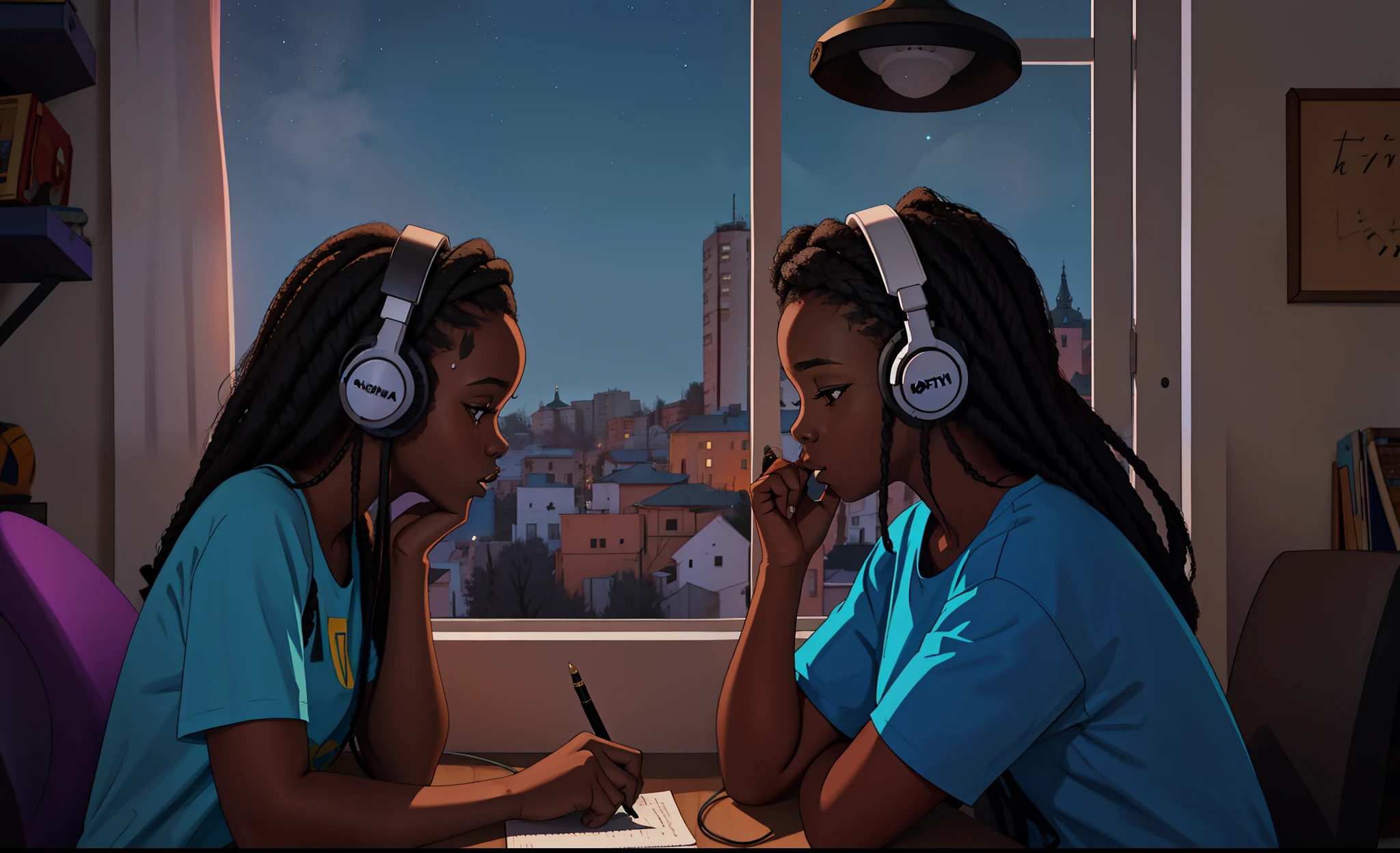 "lofistudy, African girl writing from a side profile with long hair, wearing headphones and a t-shirt, sitting by a window with a Ukraine background at night, capturing the essence of hip hop vibes."