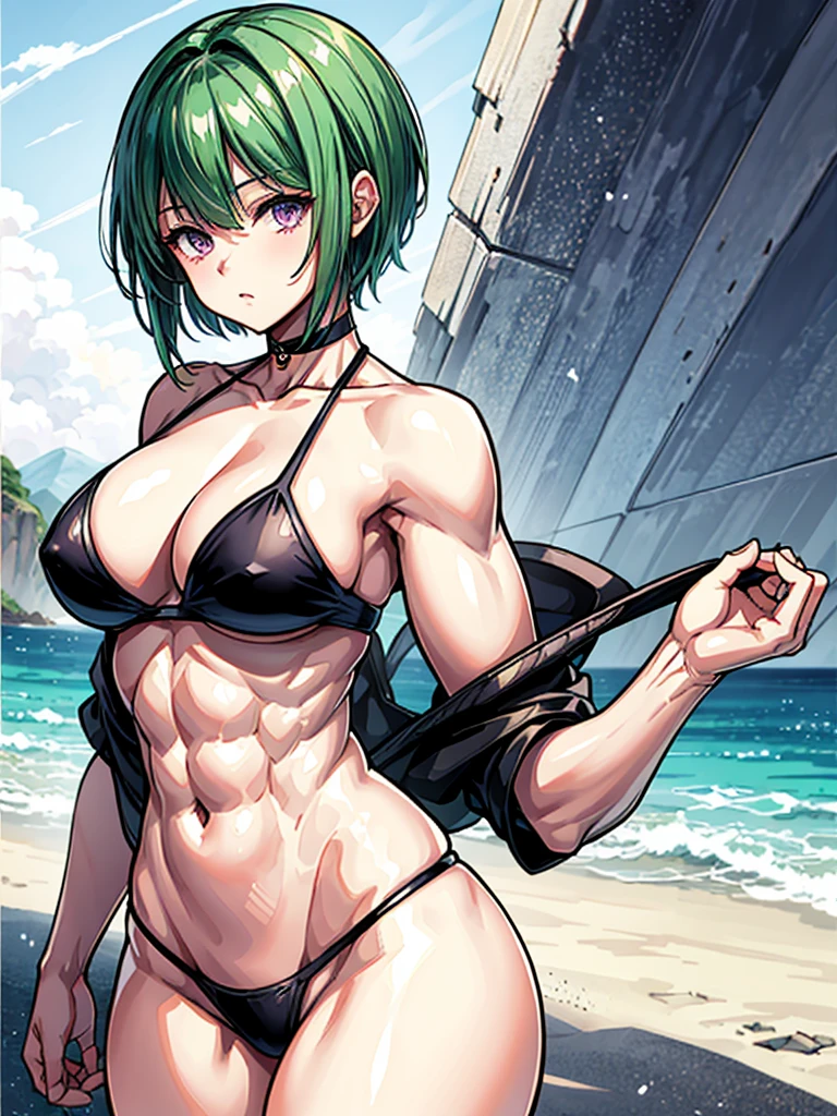 (((masterpiece、Highest image quality、highest quality、highly detailed unity 8kwallpaper)))、((Illustration of one girl))、(((beautiful girl)))、((green hair、pixie cut:1.3、sidelocks、purple eyes))、(stocky build, thickset physique, muscular legs, broad shoulders:1.2, solid chest:1.3)、swimsuit、sandy beach