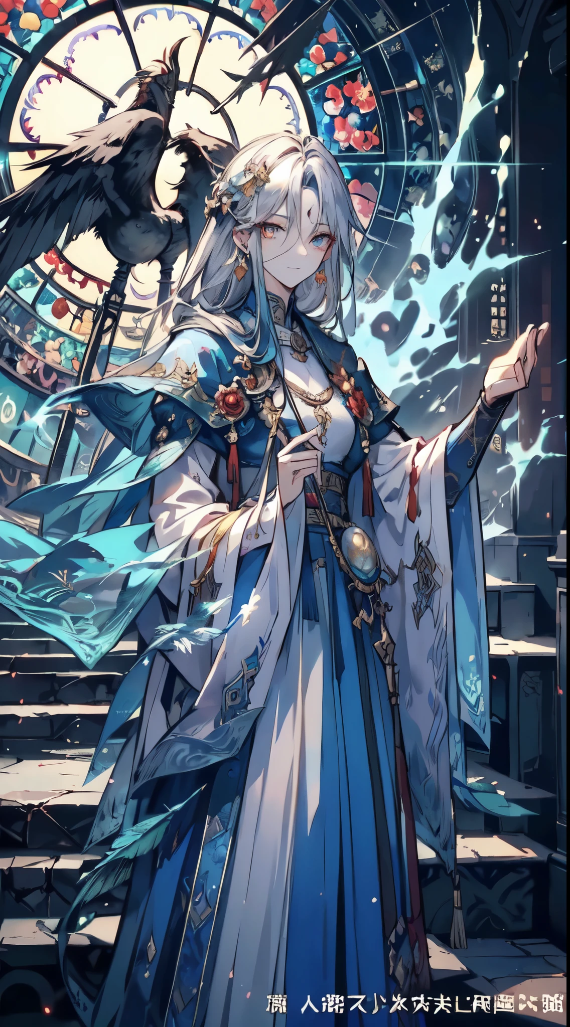 (Official art、Best Quality、Unity 8k Wallpapers、32K、​masterpiece、ultra-detailliert、超A high resolution、The best illustrations、Very ridiculous:1.2)、(Cinematic lighting:1.2)、Fireglow effect、film grains、Best Shadows、Rim lighting、side lights、(Ultra-detailed and complex 3D rendering)、Detailed beautiful face and eyes、Sharp pupils、Realistic pupils、A slender、１Man Woman、Medium bust、(Full body:1.2)、 beauitful face、16-year-old beautiful girl、(super detailed skin、detailed skin textures:1.3)、(silver blond、Blue-silver hair:1.3)、Paladin、Longhaire、Blunt bangs、Green eyes、3 braids in 1 bunch、(Blue Armor、Blue Boots、Blue helmet、Jeweled、Gold embroidery)、A slender、Maxi skirt、(thighs thighs thighs thighs:0.8)、(chies、in a house、Artistic stained glass、Large pipe organ、Hello Point、Mystical、a lot of feathers float、angelicales、Particles of light、solemnity、Sunlight is、colourfull、Fantastical:1.2)、(Fantastical:1.3)、(Holding the Holy Sword:1.0)、Fantastical、Smiling smile