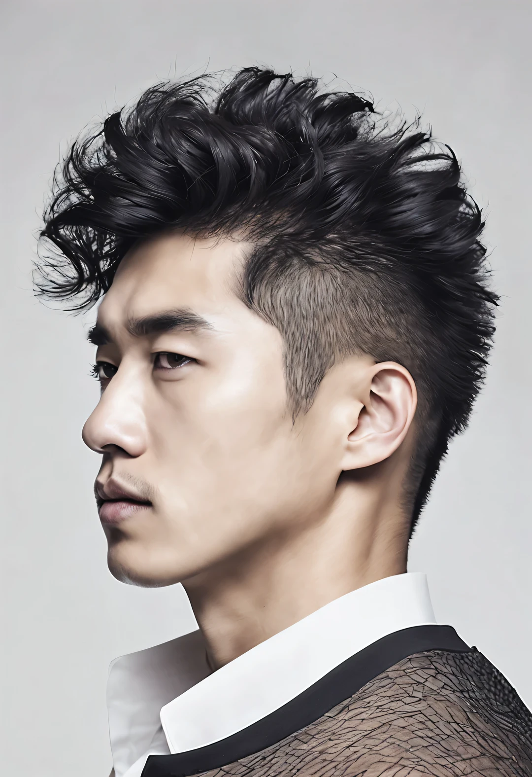 Head portrait of Asian man with completely transparent face and black curly hair，（bust），（Chinese actress Zhou Lijing：1.2），Toned muscles，